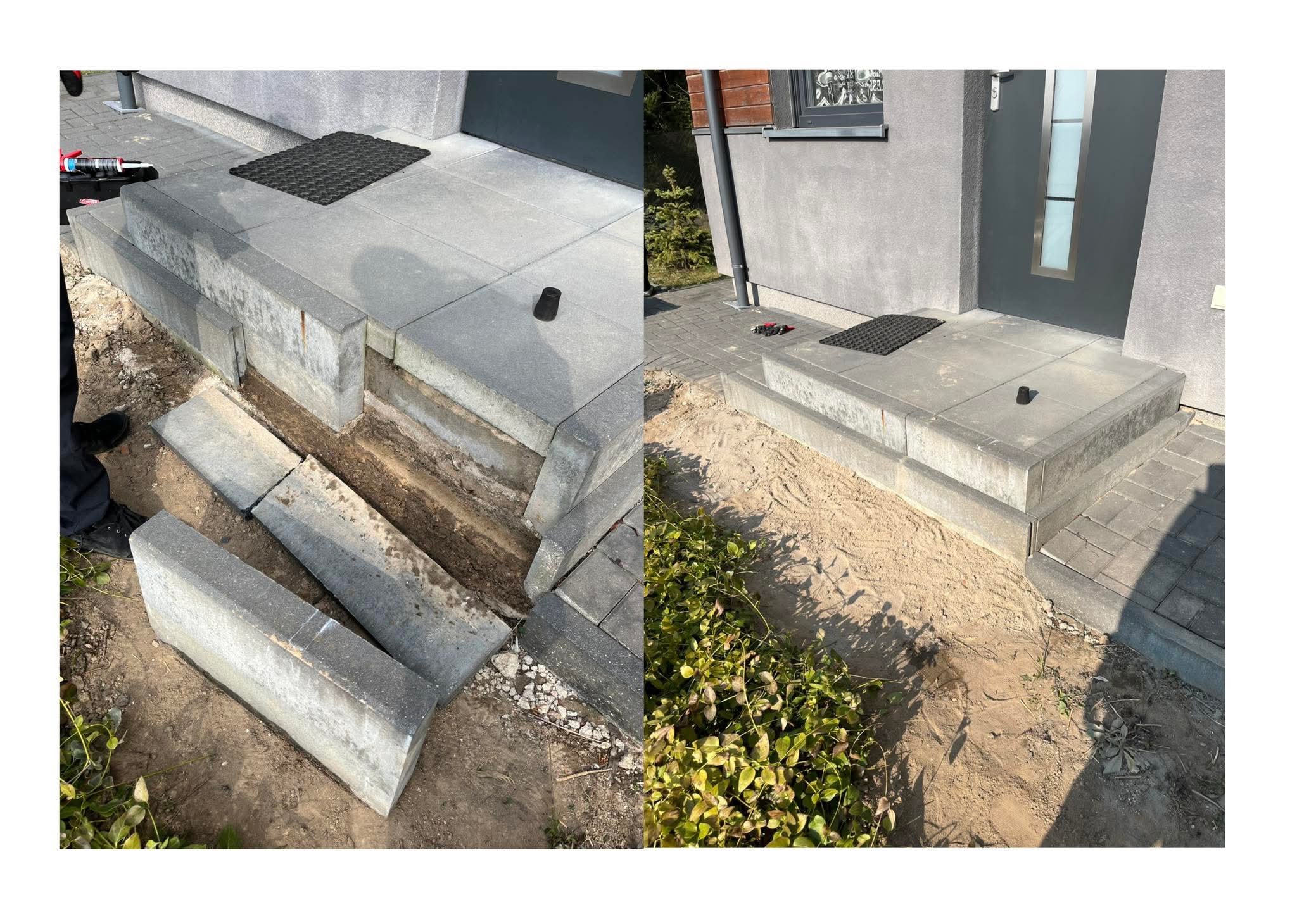 Montaż schodów wejściowych z betonowych elementów, widoczne etapy prac ziemnych i układania, narzędzia budowlane w tle.