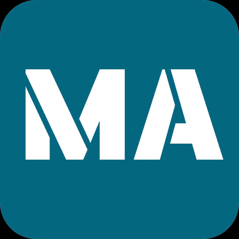 Białe litery 'MA' na zaokrąglonym, turkusowym tle.