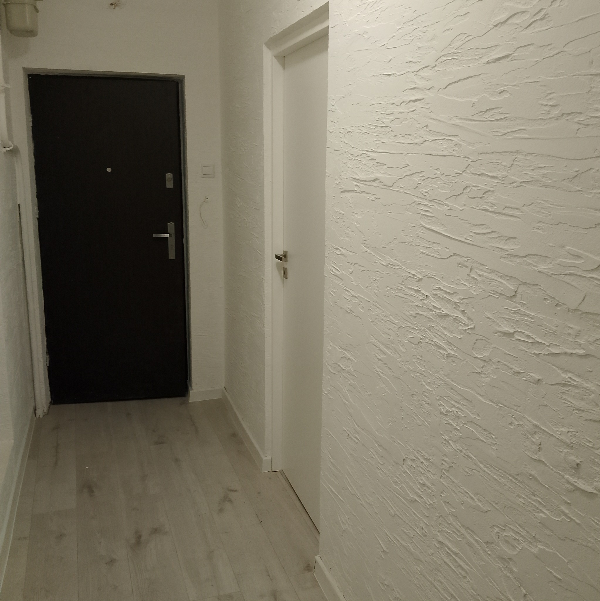 Korytarz z dekoracyjną, białą ścianą o fakturze przypominającej gruboziarnisty tynk, ciemne drzwi wejściowe i białe drzwi wewnętrzne, wykończony panelami podłogowymi w odcieniach szarości.