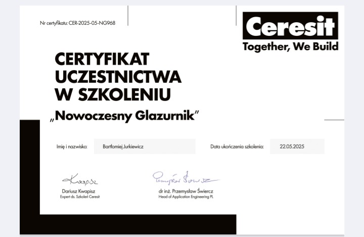 Certyfikat uczestnictwa w szkoleniu 'Nowoczesny Glazurnik' marki Ceresit dla Bartłomieja Jurkiewicza, z datą ukończenia szkolenia 22.05.2025.