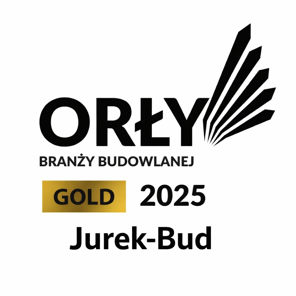 Logo 'Orły Branży Budowlanej GOLD 2025' firmy Jurek-Bud. Czarno-złota grafika na białym tle, symbolizująca prestiżowe wyróżnienie w sektorze budowlanym.
