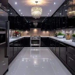Luksusowa kuchnia w czarnym połysku z marmurowym blatem, oświetlona kryształowym żyrandolem i punktowymi lampami, z widoczną stalową kuchenką i elementami dekoracyjnymi.