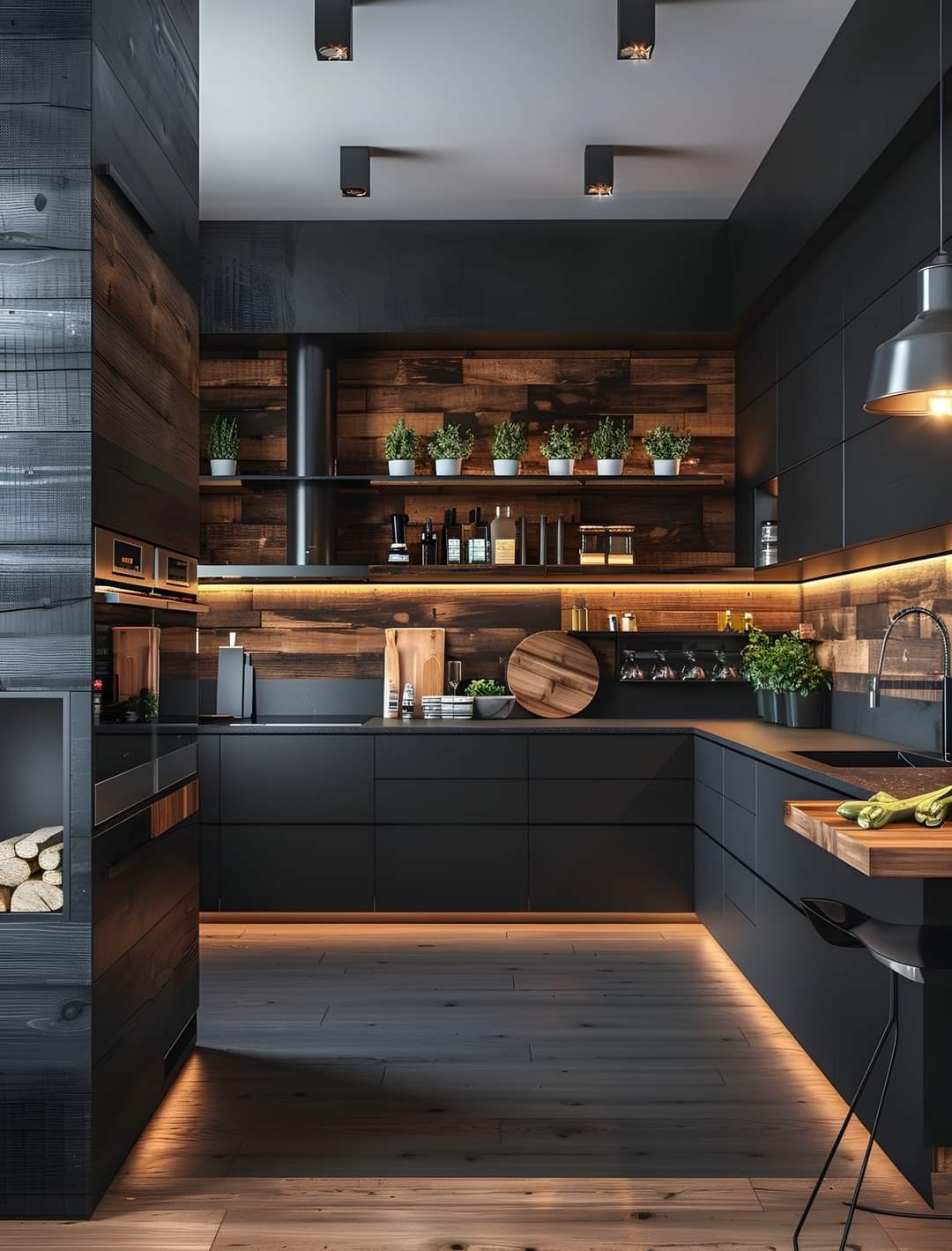 Nowoczesna, czarna kuchnia z drewnianymi akcentami: fronty szafek bez uchwytów, oświetlenie LED pod szafkami, drewniana ściana z półkami, rośliny doniczkowe i akcesoria kuchenne, drewniana podłoga.