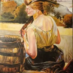 Obraz olejny przedstawiający kobietę w kapeluszu z piórami siedzącą obok drewnianej studni, stylizowany na Jacka Malczewskiego, z widocznym pejzażem w tle.