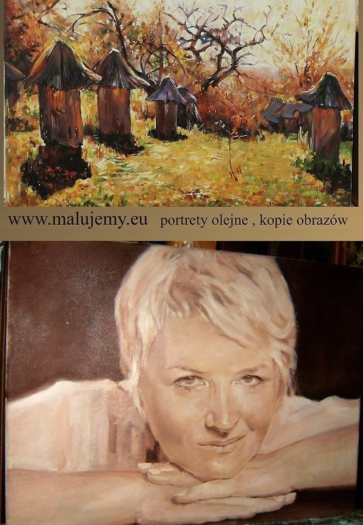 Dwa obrazy olejne na jednym zdjęciu: górny przedstawia jesienny krajobraz z ulami w stylu retro, dolny to portret kobiety z blond włosami, opierającej się na dłoniach.