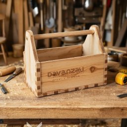 Davanzali -drzwi z drewna - Drewniana skrzynka narzędziowa z logo Davanzali, dłuto, piła japońska i miara na stole stolarskim w warsztacie. Precyzyjne połączenia stolarskie.