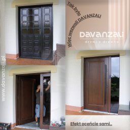Davanzali -drzwi z drewna - Montaż drzwi zewnętrznych: widok przed (czarne, przeszklone) i po (brązowe, z szybą boczną). Osoba montuje drzwi. Prezentacja firmy Davanzali.