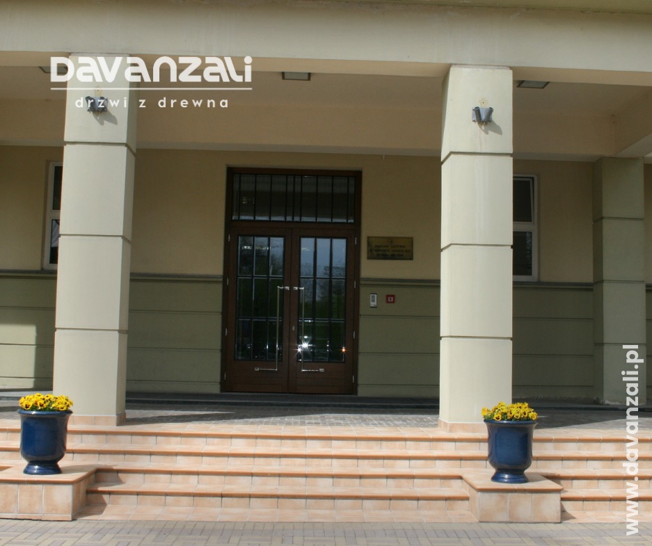 Eleganckie, dwuskrzydłowe drzwi wejściowe z ciemnego drewna, z podziałami szprosowymi, umieszczone w portyku z kolumnami. Donice z żółtymi kwiatami po bokach schodów.