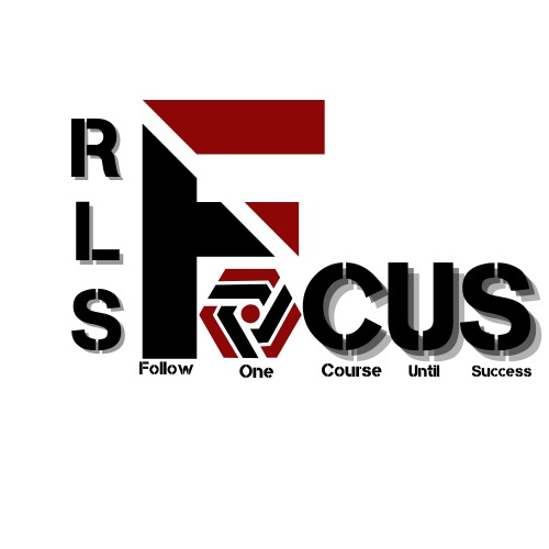 Logo RLS Focus z hasłem Follow One Course Until Success, wykorzystujące geometryczny symbol w kolorach czerni i czerwieni.