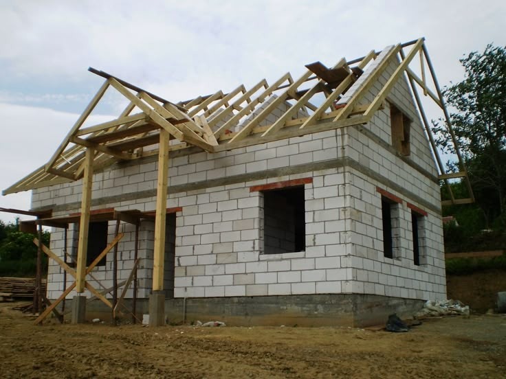 Surowy stan domu jednorodzinnego w trakcie budowy: ściany z białych bloczków, drewniana konstrukcja dachu bez pokrycia, widoczne otwory okienne i drzwiowe, teren budowy z piaskiem.