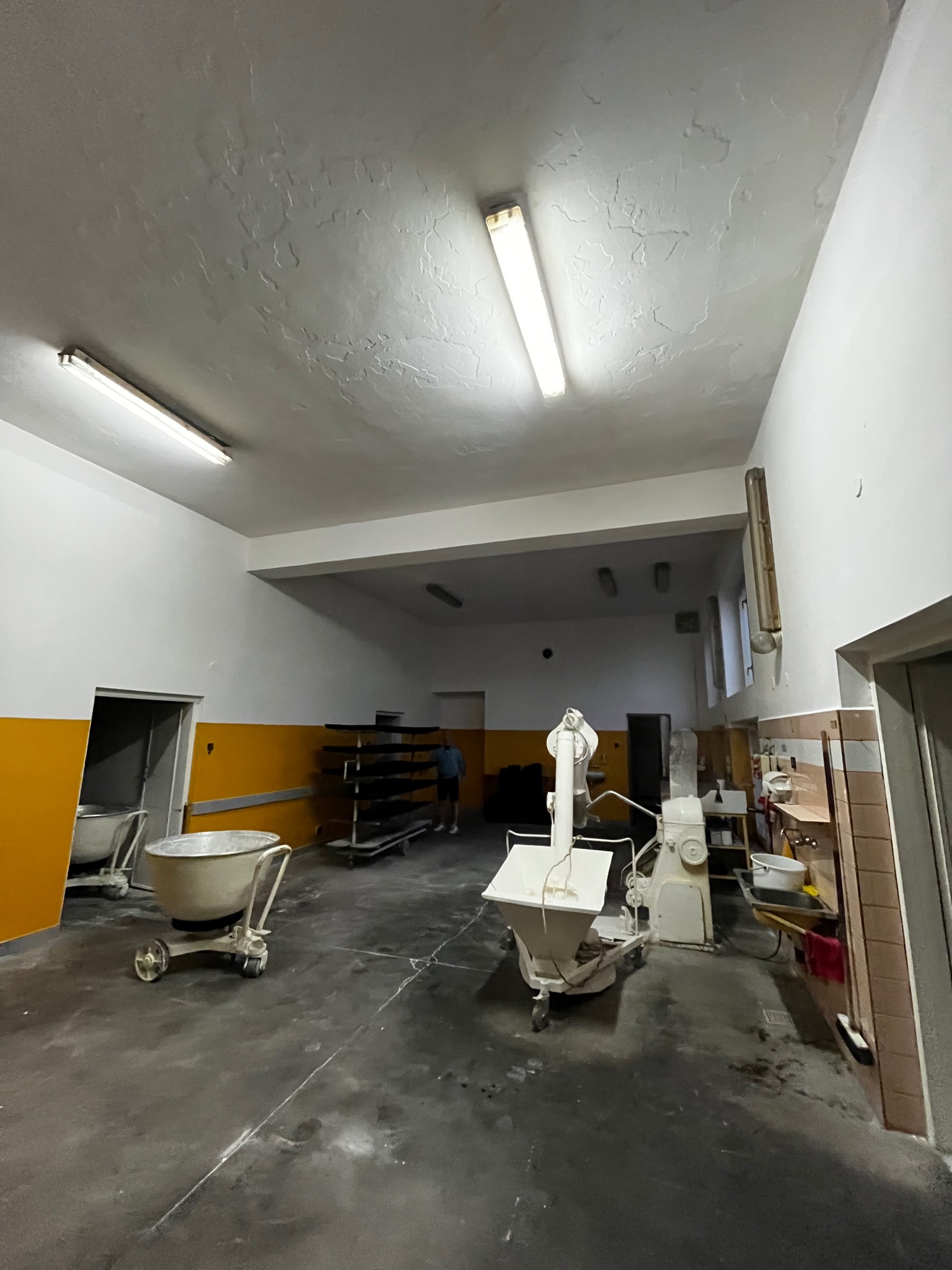 Przestronne wnętrze piekarni z maszynami do ciasta, wózkiem na kółkach i regałem na blachy. Ściany biało-żółte, sufit z lampami. Widoczny fragment osoby w tle.