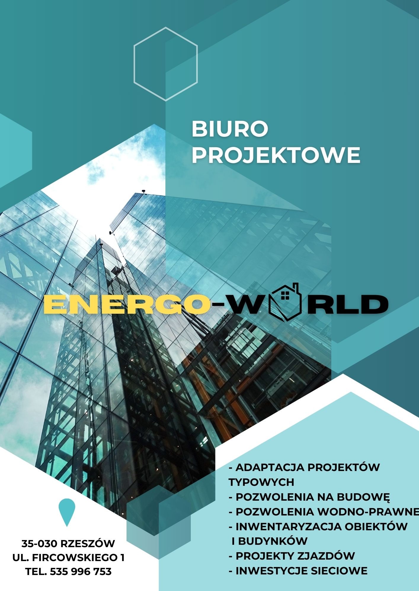 Grafika biura projektowego z nowoczesnym budynkiem w tle. Oferta obejmuje adaptacje projektów, pozwolenia na budowę i inwentaryzacje obiektów. Rzeszów.