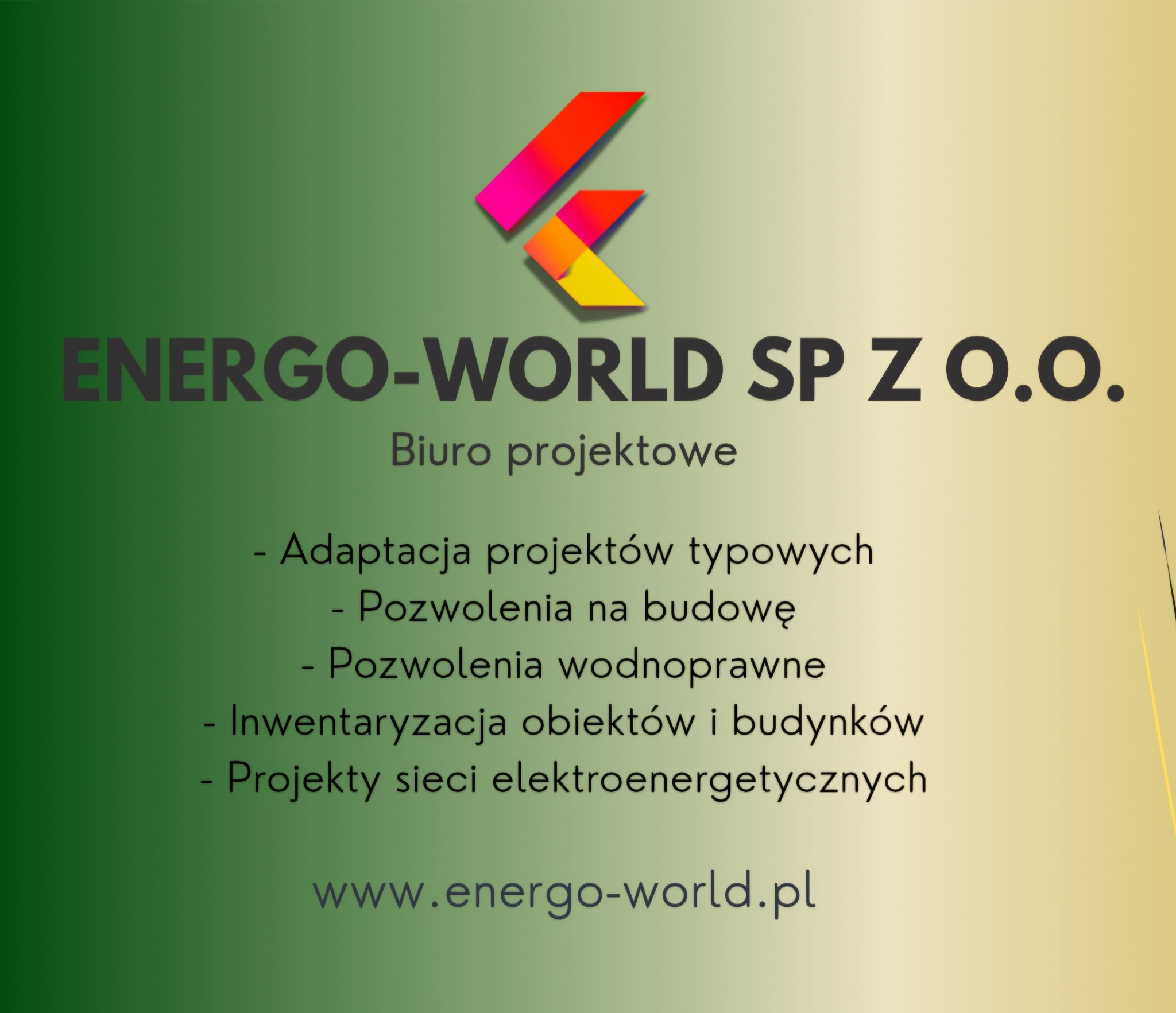 Logo firmy projektowej Energo-World Sp z o.o. z ofertą adaptacji projektów, pozwoleń na budowę i inwentaryzacji. Strona internetowa: energo-world.pl.
