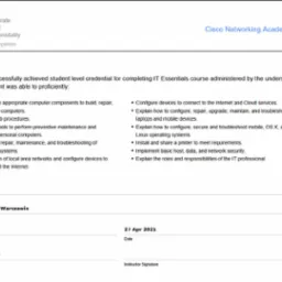 Certyfikat ukończenia kursu Cisco IT Essentials przez Jakuba Trzaskowskiego, potwierdzający umiejętności z zakresu instalacji, konfiguracji i rozwiązywania problemów z komputerami, sieciami...