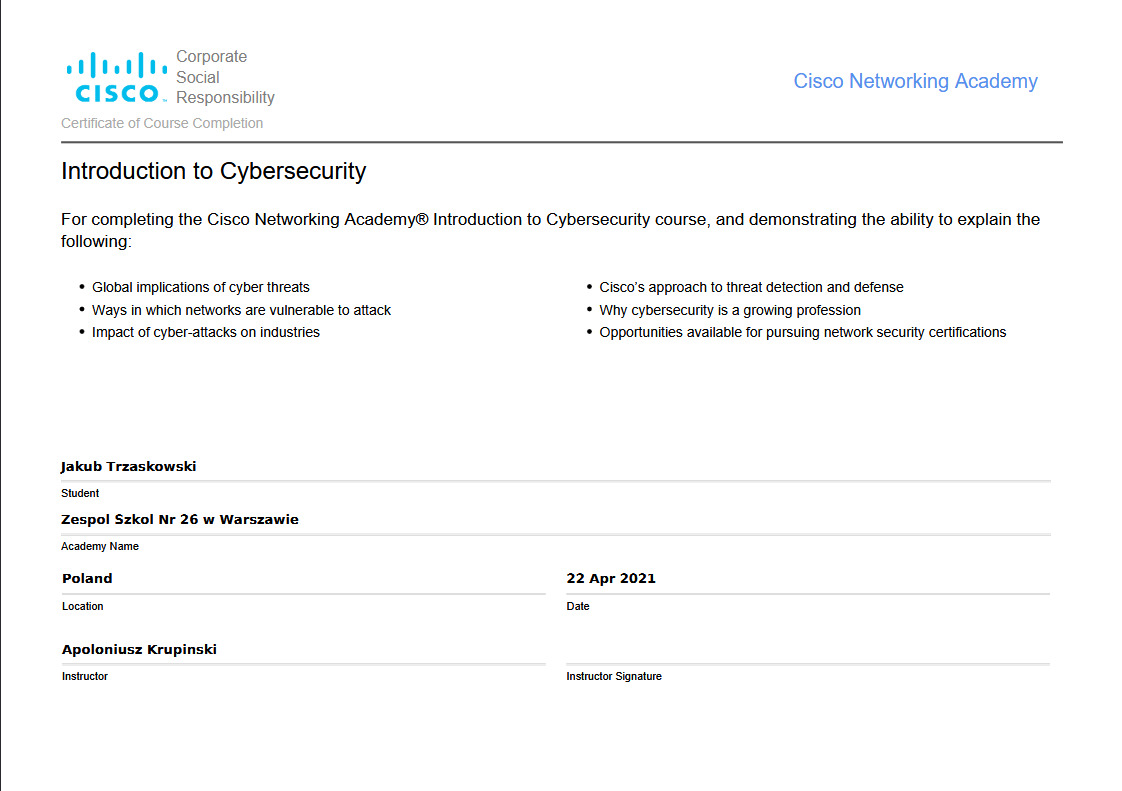 Certyfikat ukończenia kursu Cisco Networking Academy z zakresu cyberbezpieczeństwa, z imieniem i nazwiskiem uczestnika, datą i nazwą szkoły.