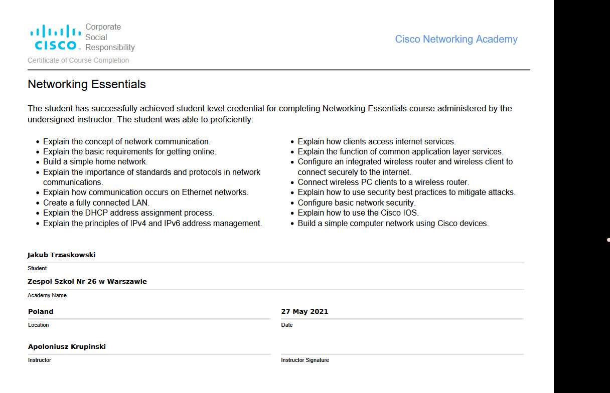 Skan certyfikatu ukończenia kursu Networking Essentials Cisco Networking Academy, potwierdzający zdobycie wiedzy z zakresu komunikacji sieciowej, budowy sieci domowej, konfiguracji routerów...