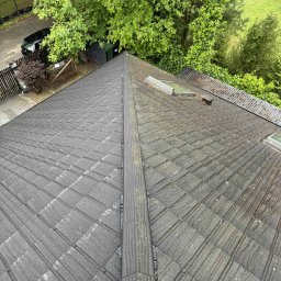 Adam Szmidt - Ciemny, bitumiczny dach skośny z widocznymi zabrudzeniami i mchem, sfotografowany z góry na tle zieleni drzew i zabudowań. Widoczne okna dachowe i komin.