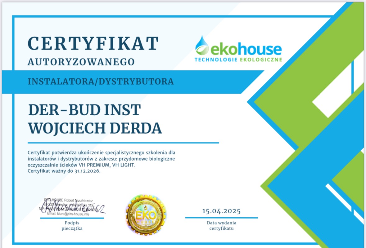 Certyfikat autoryzowanego instalatora/dystrybutora DER-BUD INST Wojciech Derda, potwierdzający ukończenie szkolenia w zakresie przydomowych biologicznych oczyszczalni ścieków VH PREMIUM i VH LIGHT,...