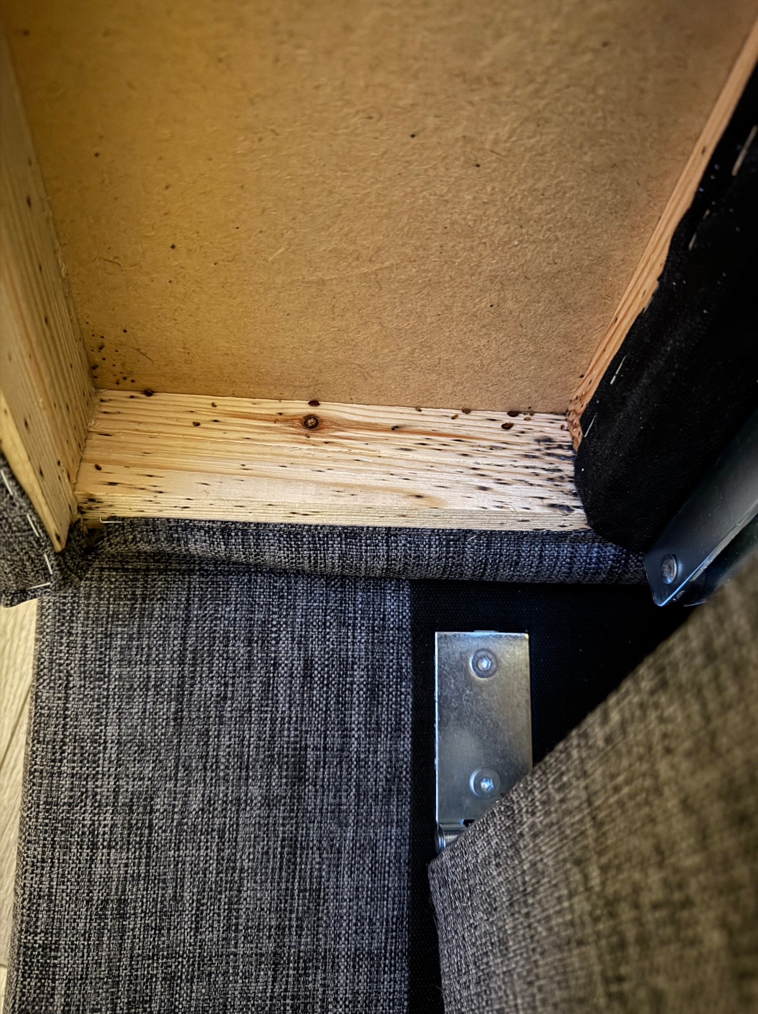 Wnętrze tapicerowanego mebla z widocznymi śladami pleśni na drewnianych elementach konstrukcyjnych