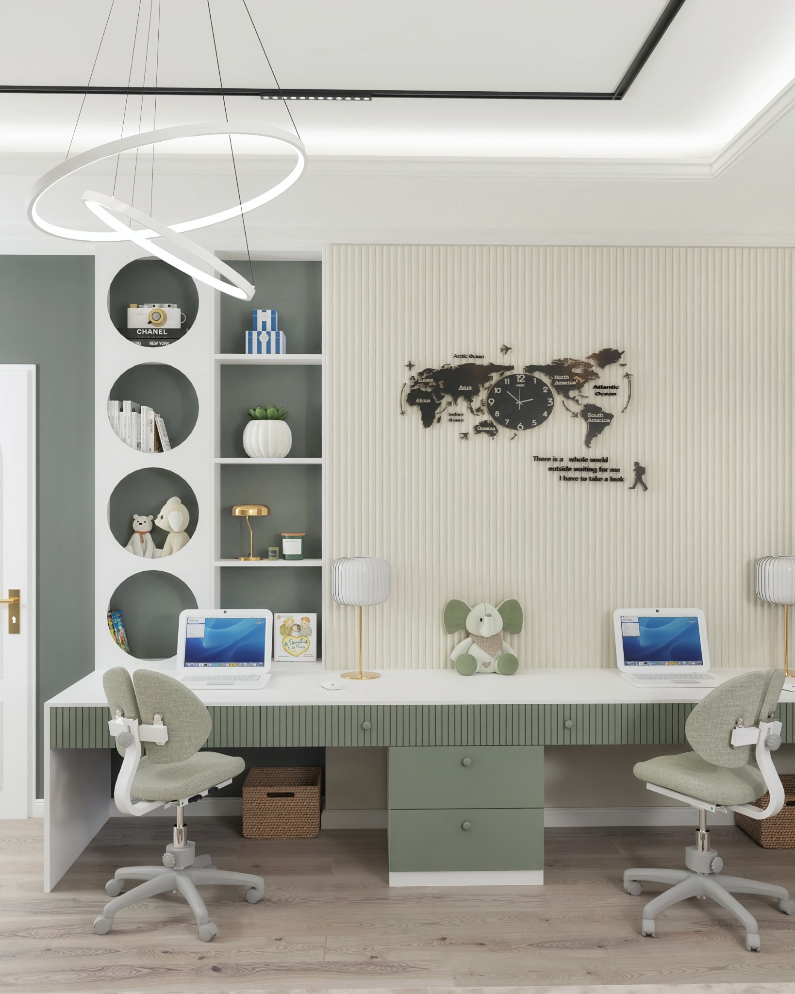 Pokój dziecięcy z dwoma stanowiskami do nauki: biurko z zielonymi akcentami, krzesła obrotowe, dekoracyjna mapa świata z zegarem na ścianie, półki z książkami i dekoracjami, nowoczesna lampa wisząca.