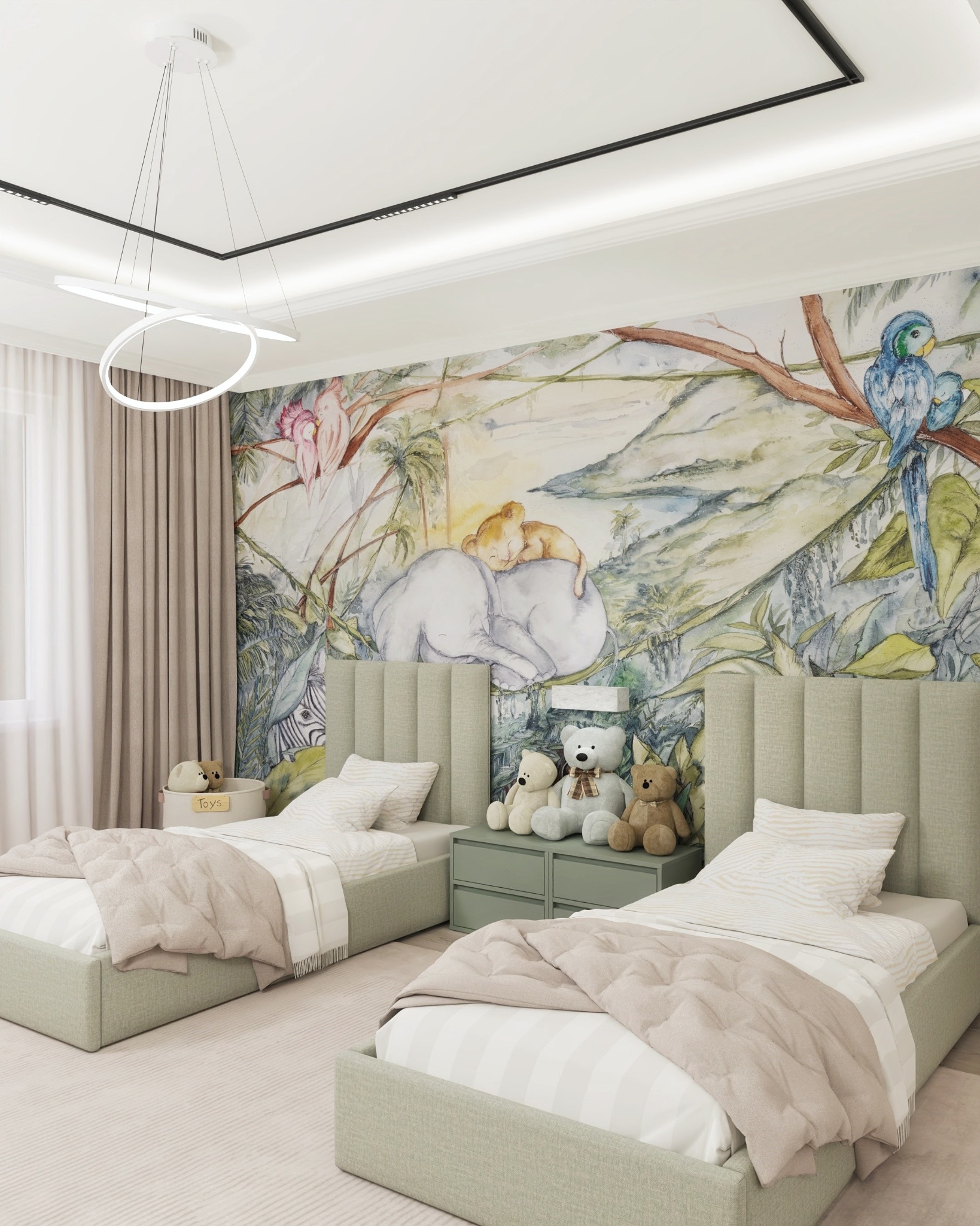 Pokój dziecięcy z dwoma łóżkami w odcieniach zieleni, tapetą z motywem dżungli i pluszowymi zabawkami, oświetlony nowoczesną lampą wiszącą.