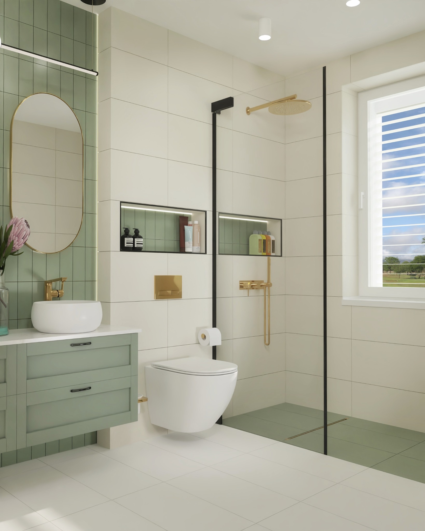 Nowoczesna łazienka z zielonymi akcentami: płytki, szafka pod umywalką i pionowy pas płytek, złota armatura, kabina prysznicowa typu walk-in z czarnymi profilami, umywalka nablatowa i wisząca toaleta.