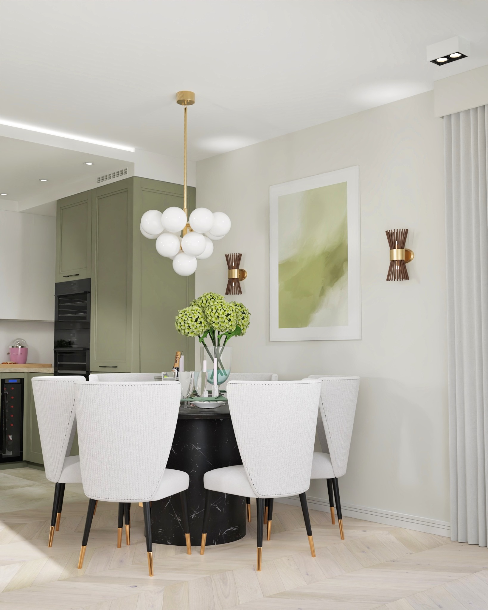 Jadalnia w odcieniach bieli i zieleni z okrągłym stołem z czarnego marmuru, białymi krzesłami z złotymi nogami, nowoczesną lampą sufitową z białych kul i abstrakcyjnym obrazem na ścianie.
