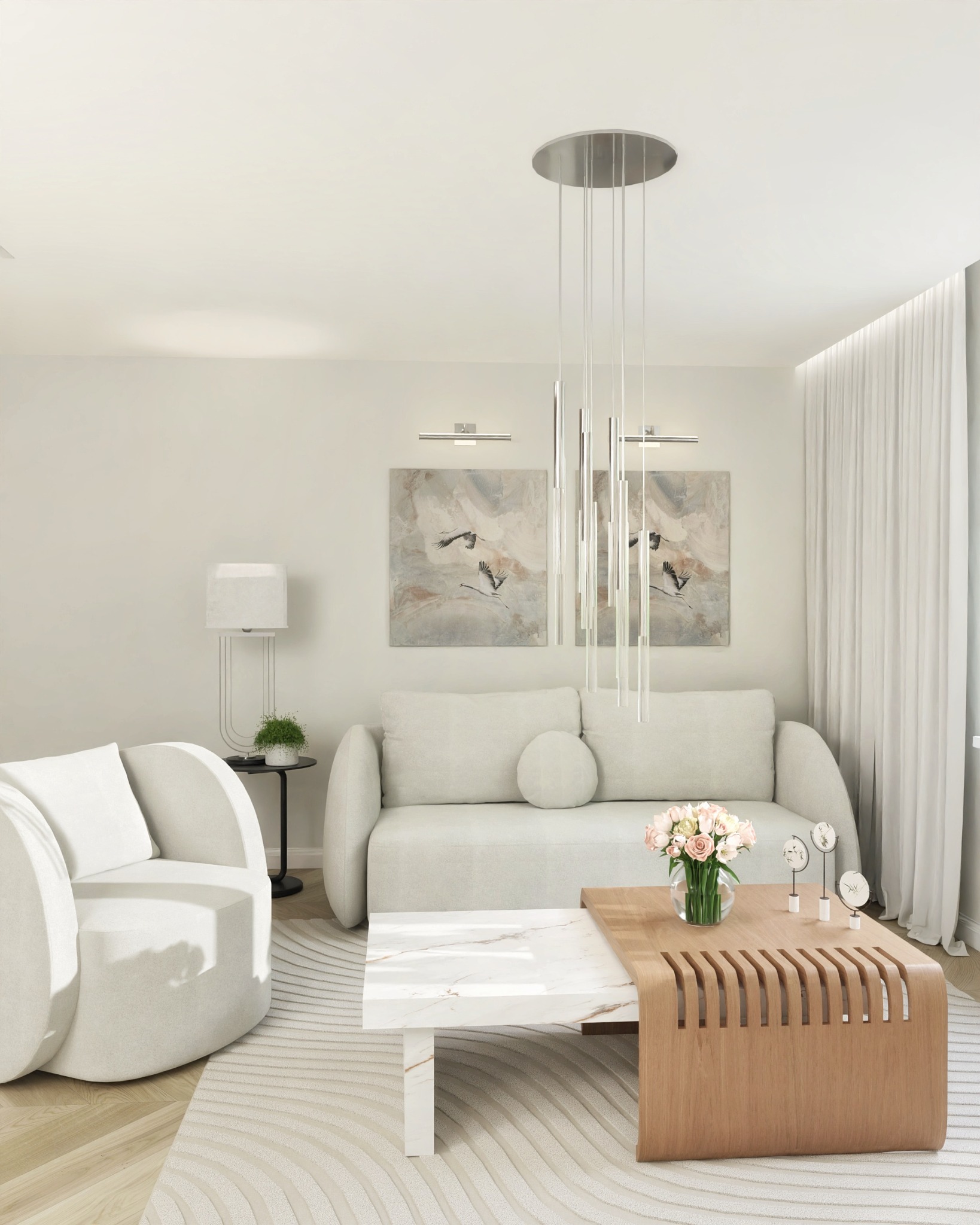 Jasne wnętrze salonu z beżową sofą, fotelami i unikalnym stolikiem kawowym z marmurowym blatem i elementami z drewna. Dwa obrazy i wisząca lampa dodają elegancji.