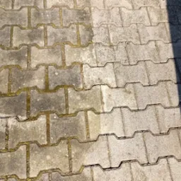 Częściowo oczyszczona kostka brukowa z widocznym kontrastem między brudną, porośniętą mchem powierzchnią a czystą, jasną kostką po zabiegu.