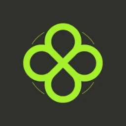 Jasnozielony, geometryczny symbol czterech połączonych okręgów na ciemnoszarym tle, przypominający czterolistną koniczynę lub kwiat.