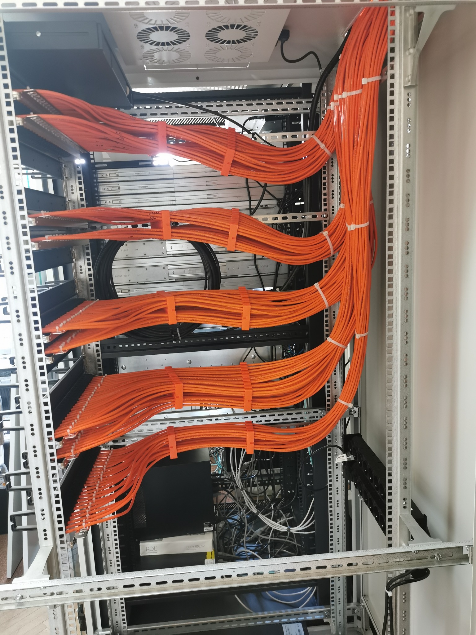 Pomarańczowe kable sieciowe uporządkowane w szafie rack, zabezpieczone opaskami, widok z góry na instalację w serwerowni.