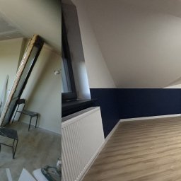 LEMINO TOMASZ NOWICKI USŁUGI REMONTOWO - BUDOWLANE - Adaptacja poddasza: widok przed i po remoncie. Po lewej surowe ściany z płyt gipsowych, po prawej wykończone wnętrze z panelami, pomalowanymi ścianami i nową stolarką.