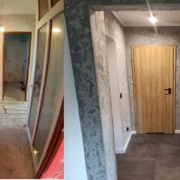 LEMINO TOMASZ NOWICKI USŁUGI REMONTOWO - BUDOWLANE - Korytarz po remoncie: gładzie na ścianach imitujące beton, szara podłoga z płytek, nowe drzwi z drewnopodobnym dekorem. Widok przed i po remoncie.