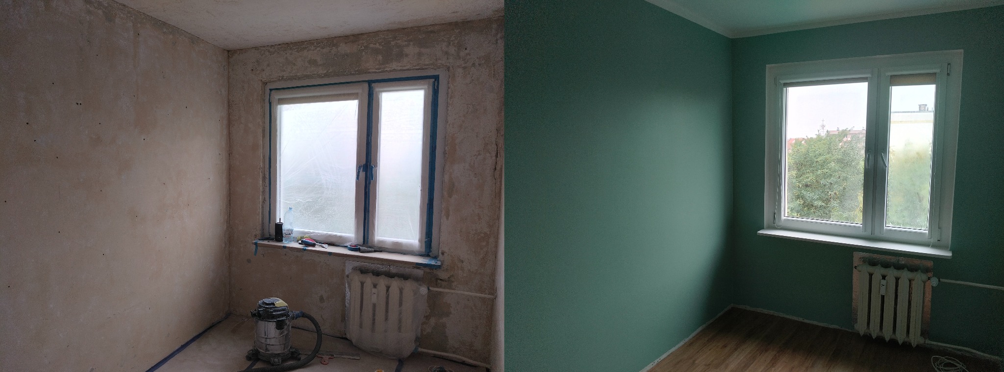 Zdjęcie pokoju przed i po remoncie: od surowych ścian z resztkami tapet do świeżo pomalowanych na zielono, z nową podłogą. Widoczny grzejnik i okno.