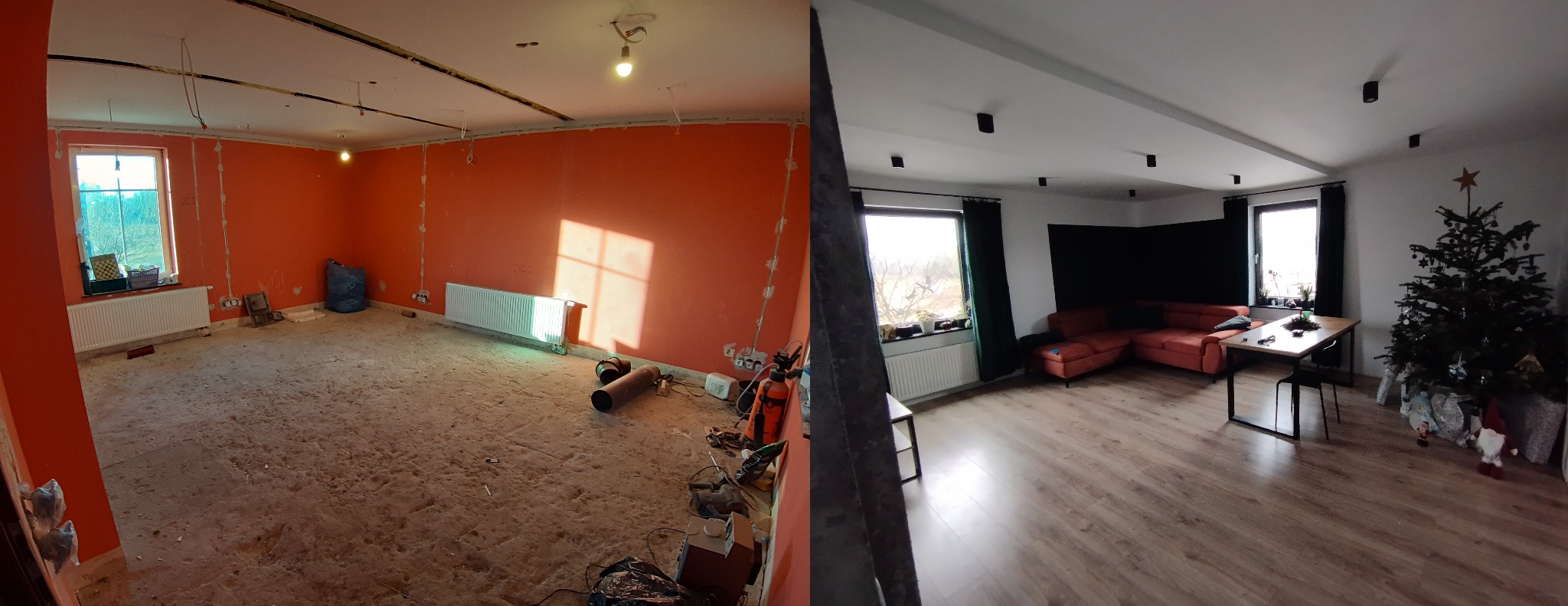 Zdjęcie 'przed i po' przedstawia pokój: po lewej - pomarańczowe ściany w trakcie remontu, po prawej - wykończone wnętrze z drewnianą podłogą, sofą i choinką.
