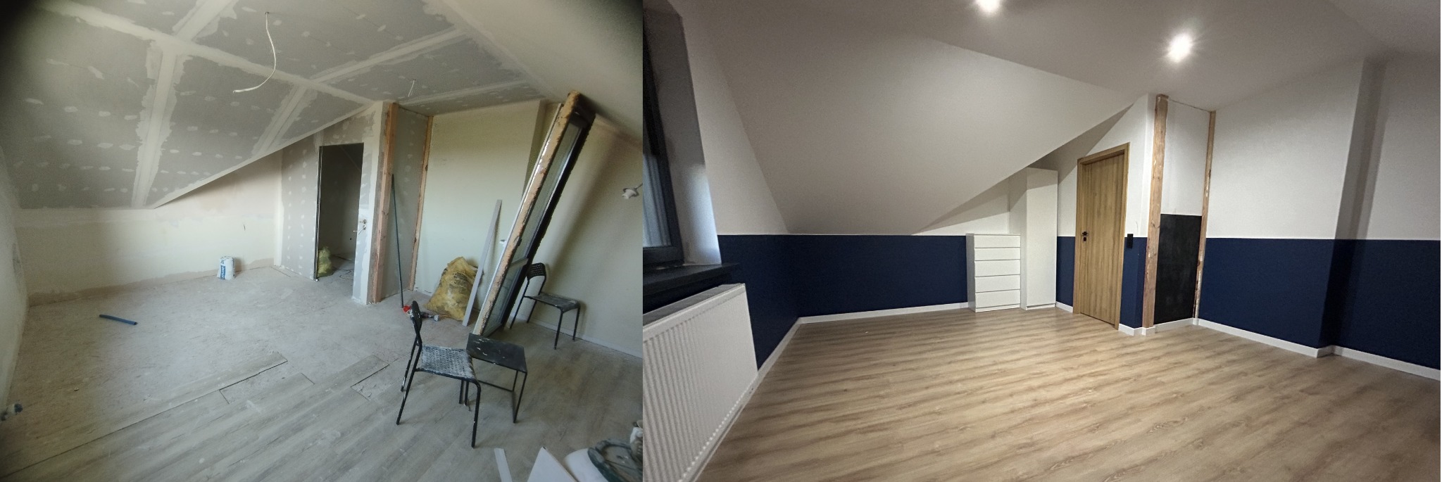 Adaptacja poddasza: widok przed i po remoncie. Po lewej surowe ściany z płyt gipsowych, po prawej wykończone wnętrze z panelami, pomalowanymi ścianami i nową stolarką.