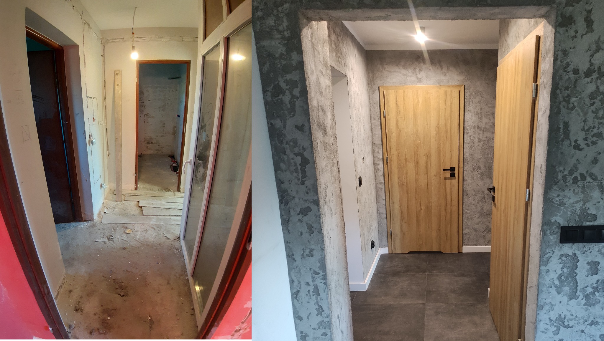 Korytarz po remoncie: gładzie na ścianach imitujące beton, szara podłoga z płytek, nowe drzwi z drewnopodobnym dekorem. Widok przed i po remoncie.