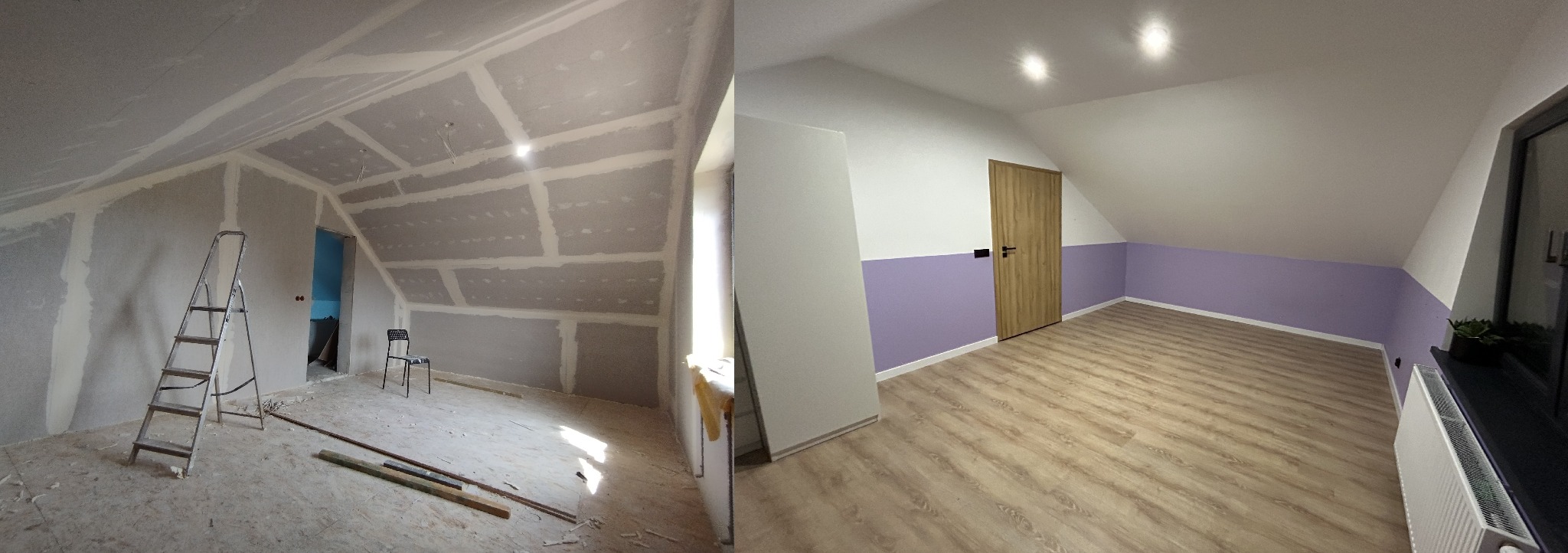 Zdjęcie 'przed i po' prezentujące adaptację poddasza: surowe płyty karton-gips na ścianach i skośnym suficie kontra wykończone wnętrze z panelami, pomalowanymi ścianami i nowymi drzwiami.