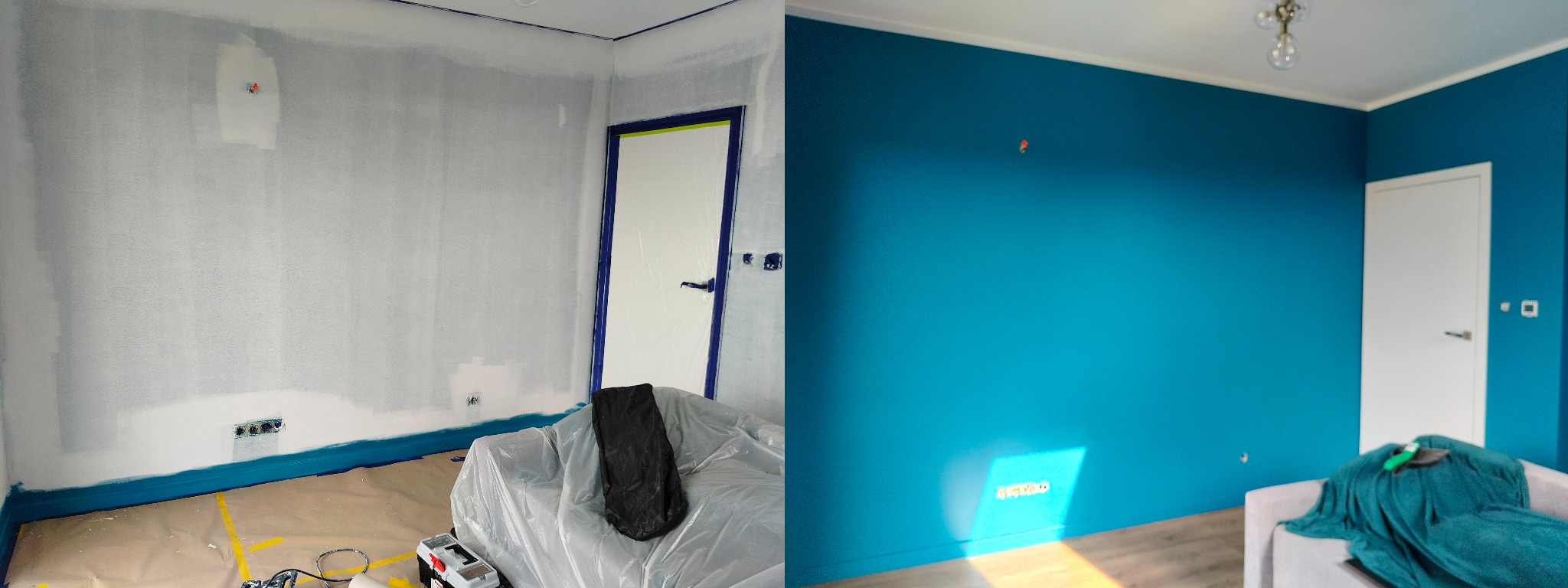 Zdjęcie 'przed i po' malowania pokoju: od szarego, przygotowanego do malowania, z zabezpieczeniami, do pomalowanego na intensywny turkus, z widocznym efektem końcowym.