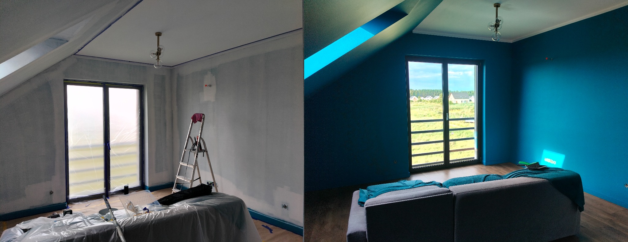 Zdjęcie 'przed i po' malowania pokoju na poddaszu: ściany szare, przygotowane do malowania vs. ściany pomalowane na intensywny, turkusowy kolor. Widoczne okno i fragment sofy.
