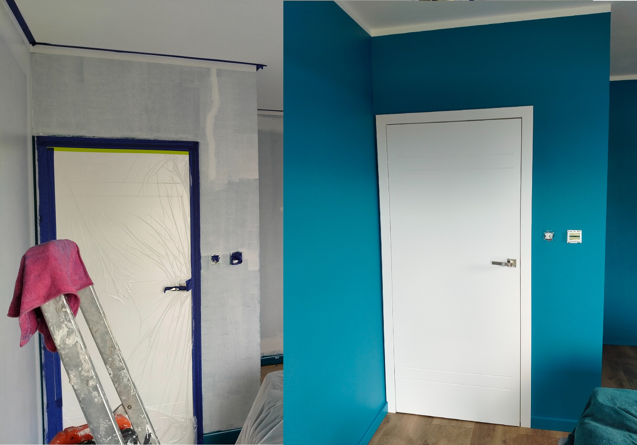 Zdjęcie 'przed i po' malowania pokoju na intensywny turkus, z białą stolarką drzwiową. Po lewej ściana przygotowana do malowania, po prawej - efekt końcowy.