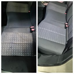 AutoBlask Sylwia Maciejczyk - Porównanie: fotel samochodowy z tapicerką w szarą kratę - po lewej brudny, po prawej wyczyszczony, widoczne pasy bezpieczeństwa.