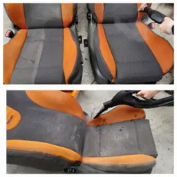 Czyszczenie parowe zabrudzonego fotela samochodowego Recaro z pomarańczowymi akcentami, widoczna różnica przed i po czyszczeniu na dwóch fotelach obok siebie.