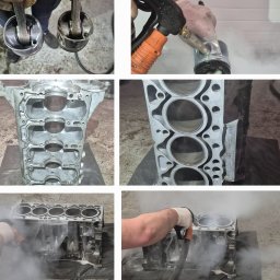 AutoBlask Sylwia Maciejczyk - Czyszczenie bloku silnika samochodowego za pomocą myjki parowej, widoczne tłoki przed i po czyszczeniu oraz sam blok silnika przed i w trakcie czyszczenia parą.