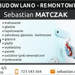 Wizytówka firmy remontowo-budowlanej Sebastian Matczak z ofertą usług: malowanie, gładzie, tapetowanie, zabudowy gipsowo-kartonowe, glazura, płytki, wykładziny, panele, ozdobne tynki wewnętrzne...