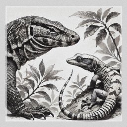 Oliwia Siwoń - Czarno-biały rysunek przedstawiający dwa gady: dużego warana z bliska i mniejszego gekona siedzącego na skale, otoczone tropikalną roślinnością.