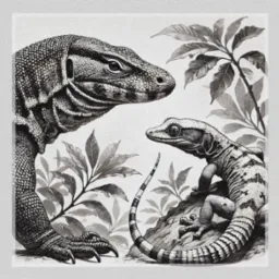 Czarno-biały rysunek przedstawiający dwa gady: dużego warana z bliska i mniejszego gekona siedzącego na skale, otoczone tropikalną roślinnością.