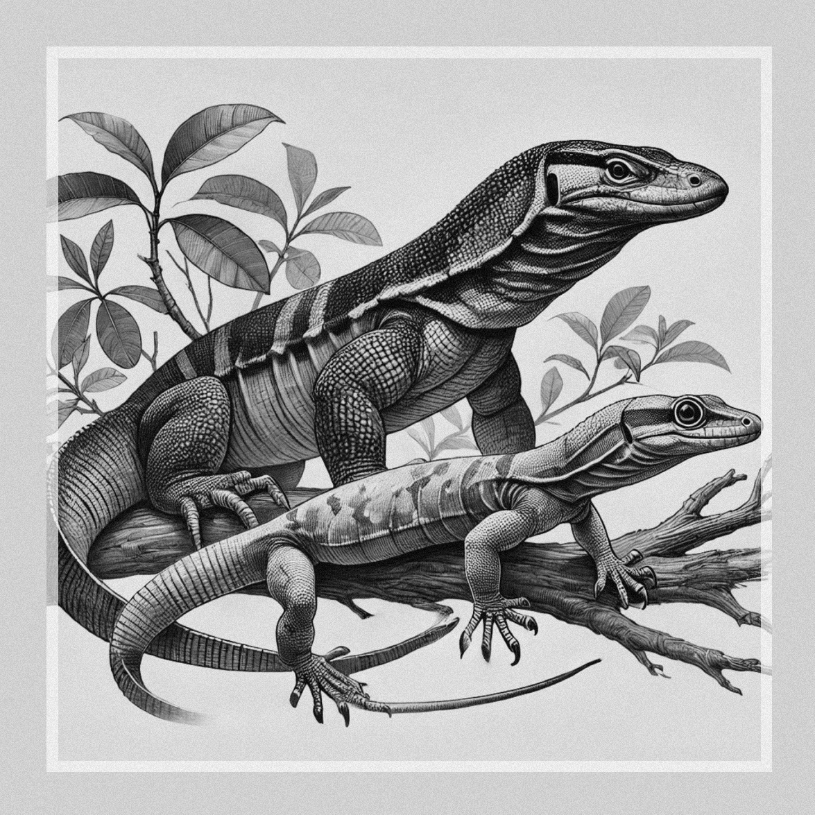Grafika przedstawiająca dwa warany na gałęzi, wykonana w stylu czarno-białego rysunku z dużą ilością detali.