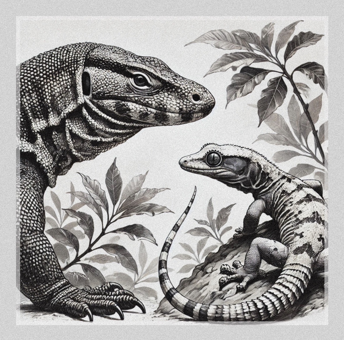 Czarno-biały rysunek przedstawiający dwa gady: dużego warana z bliska i mniejszego gekona siedzącego na skale, otoczone tropikalną roślinnością.