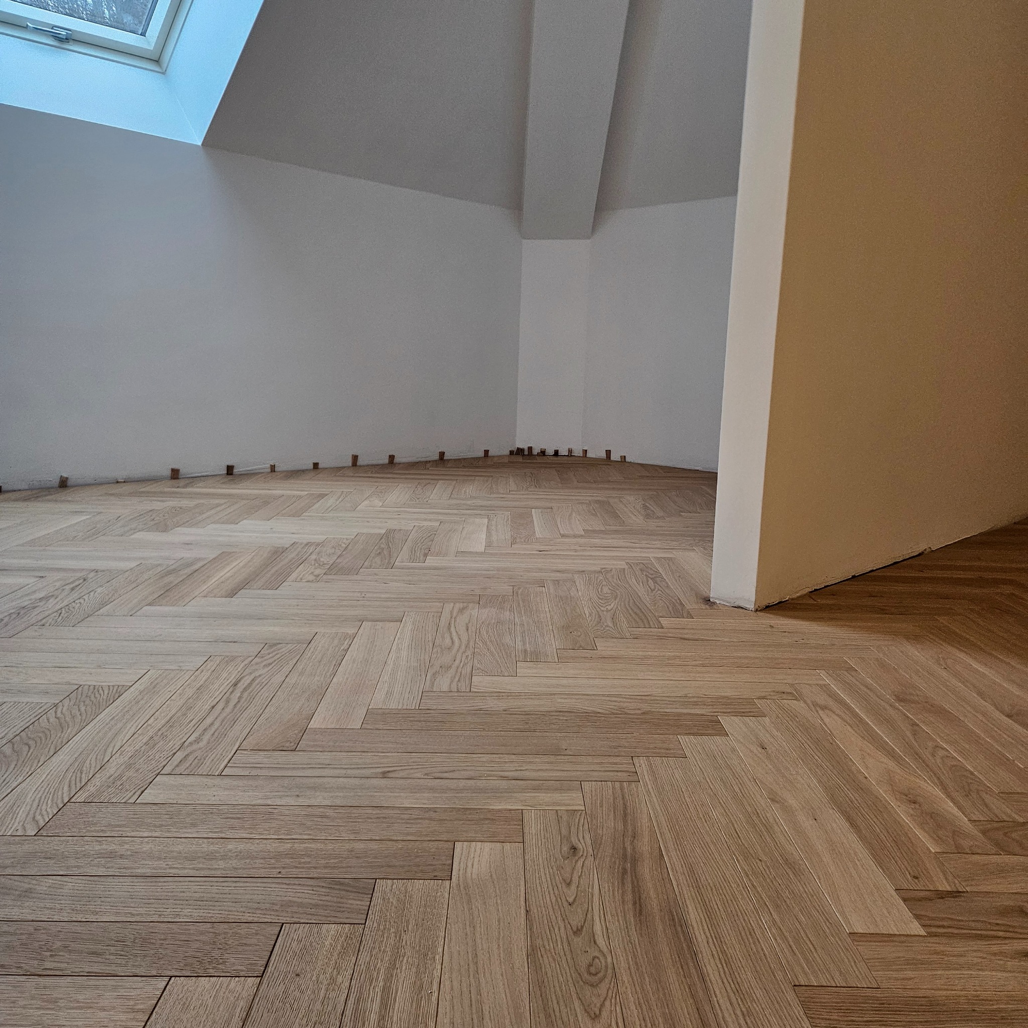 Ukończona podłoga z parkietu ułożonego w jodełkę w jasnym pomieszczeniu z oknem dachowym. Widoczne drewniane kliny dystansowe przy ścianach.